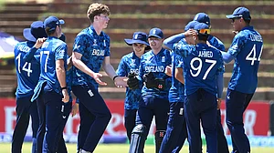 X/Zimbabwe Cricket : England celebrate an Australian wicket during their ICC Under-19 World Cup 2026 semi-final in Bulawayo.