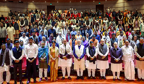 Prime Minister Narendra Modi, Union Ministers Rajnath Singh, Amit Shah, JP Nadda, Minister of State Anupriya Patel, BJP National President Nitin Nabin and others during the NDA Parliamentary Party meeting, at Parliament premises in New Delhi. 