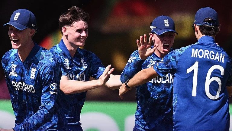 England celebrate an Australian wicket during their ICC Under-19 World Cup 2026 semi-final in Bulawayo. - Photo: X/ICC