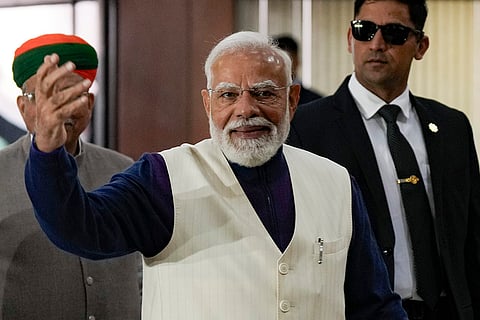 Prime Minister Narendra Modi arrives to attend the NDA Parliamentary Party meeting, at Parliament premises in New Delhi. 