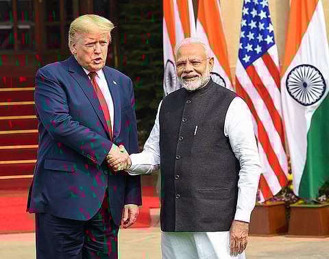 India and the US agreed to a trade deal under which Washington will bring down the reciprocal tariff on Indian goods to 18 per cent from the current 25 per cent, said US President Donald Trump, after a phone conversation with Prime Minister Narendra Modi, on Monday, Feb. 2, 2026. PM Modi, right, with US President Trump, at Hyderabad House, in New Delhi, in this file image dated Feb. 25, 2020. 