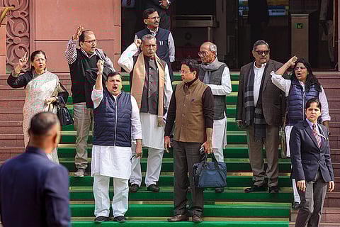 AAP MP Sanjay Singh, Congress MPs Randeep Surjewala, Digvijaya Singh and others during the Budget Session of the Parliament, in New Delhi.