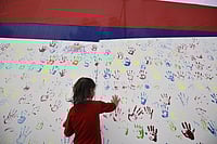  A girl seen putting her handprint over an installation during an awareness campaign program initiated by Delhi Police for those children who were missing and kidnapped but later been reunited, at DCP Complex, on February 21, 2019 in New Delhi, India. Over 130 missing children were reunited with their families by the Anti-Human Trafficking Unit (AHTU) of northeast district police in 2018 and 2019. (Photo by Biplov Bhuyan Hindustan Times)
Source: IMAGO / Hindustan Times 
