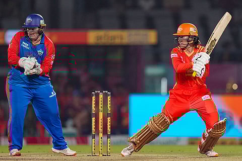 Gujarat Giants' Georgia Wareham plays a shot during the Women's Premier League (WPL) 2026 eliminator T20 cricket match between Gujarat Giants and Delhi Capitals, in Vadodara, Gujarat.