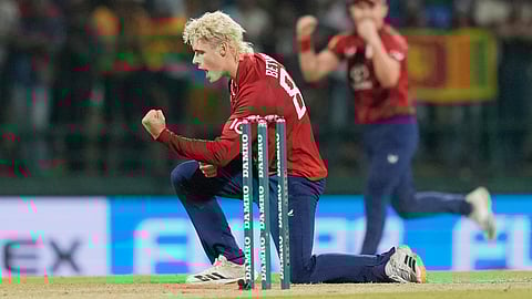 England's Jacob Bethell celebrates the wicket of Sri Lanka's Dushmantha Chameera during the third T20 cricket match between England and Sri Lanka in Pallekele, Sri Lanka, Tuesday, Feb, 3. 2026.