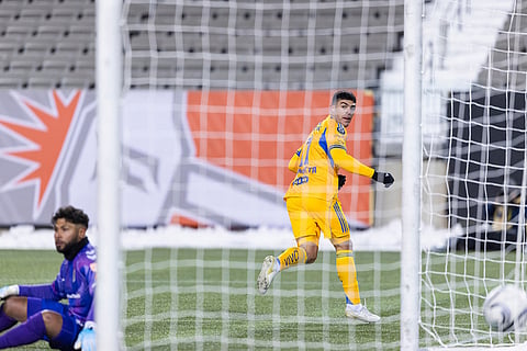 Tigres UANL's Juan Brunetta (11) looks back after scoring a goal, that was later called off, during round one of the 2026 CONCACAF Champions Cup against Forge FC in Hamilton.