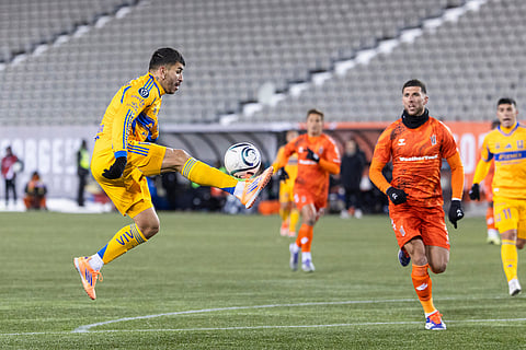 Tigres UANL's Angel Correa (7) tries to contain a ball during round one of the 2026 CONCACAF Champions Cup against Forge FC in Hamilton.