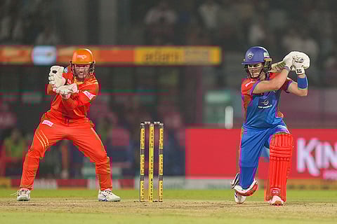 Delhi Capitals' Laura Wolvaardt plays a shot during the Women's Premier League (WPL) 2026 eliminator T20 cricket match between Gujarat Giants and Delhi Capitals, in Vadodara, Gujarat.