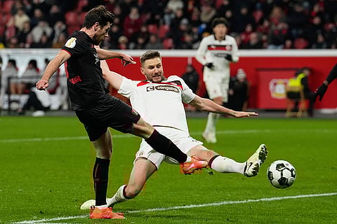 Leverkusen's Jonas Hofmann scors during a DFB Pokal, German Cup quarter final soccer match between Leverkusen and St. Pauli in Leverkusen, Germany.