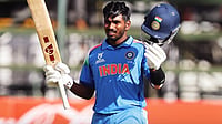 India Vs Afghanistan, ICC U19 World Cup Semi-Final: Sooryavanshi, George Fire IND To Historic Win | Photo: X/cricketworldcup : India U19's Aaron George celebrates his century during the ICC U19 Cricket World Cup match against Afghanistan U19 on February 4, 2026.