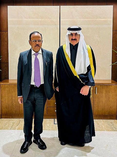 National Security Advisor (NSA) Ajit Doval with Saudi Minister of State, Member of the Cabinet, and National Security Adviser, Musaed bin Mohammed Al-Aiban during a meeting, in Saudi Arabia. 