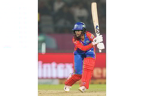 Delhi Capitals' Jemimah Rodrigues plays a shot during the Women's Premier League (WPL) 2026 eliminator T20 cricket match between Gujarat Giants and Delhi Capitals, in Vadodara, Gujarat.