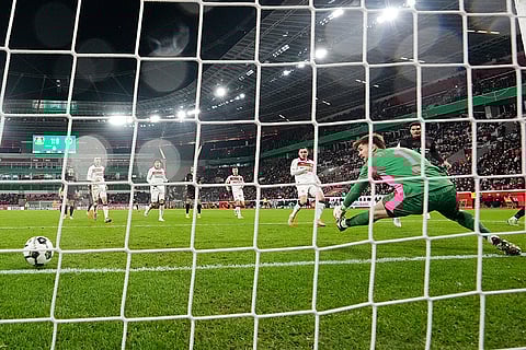 St. Pauli's goalkeeper Ben Voll fails to save a second goal during a DFB Pokal, German Cup quarter final soccer match between Leverkusen and St. Pauli in Leverkusen, Germany.