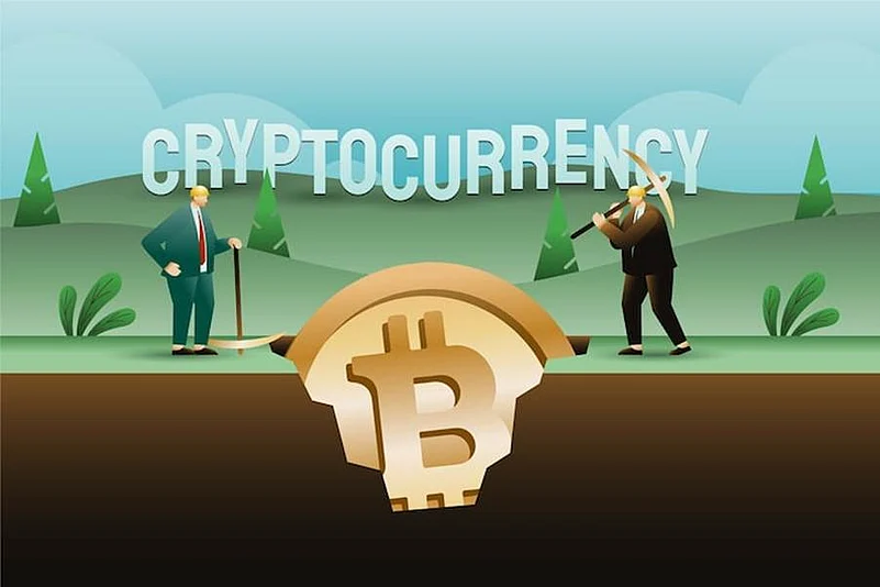Illustration of two men using pickaxes to mine a large golden Bitcoin from the ground