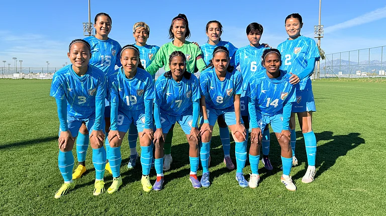 The senior India women's football team poses for a photograph ahead of the friendly against Zvezda-2005 Perm. - AIFF