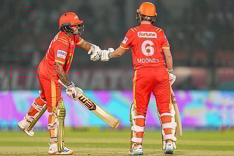 Gujarat Giants' Kashvee Gautam, left, and Beth Mooney during the Women's Premier League (WPL) 2026 eliminator T20 cricket match between Gujarat Giants and Delhi Capitals, in Vadodara, Gujarat.