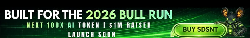 Promotional banner for $DSNT crypto token, an AI token built for the 2026 bull run