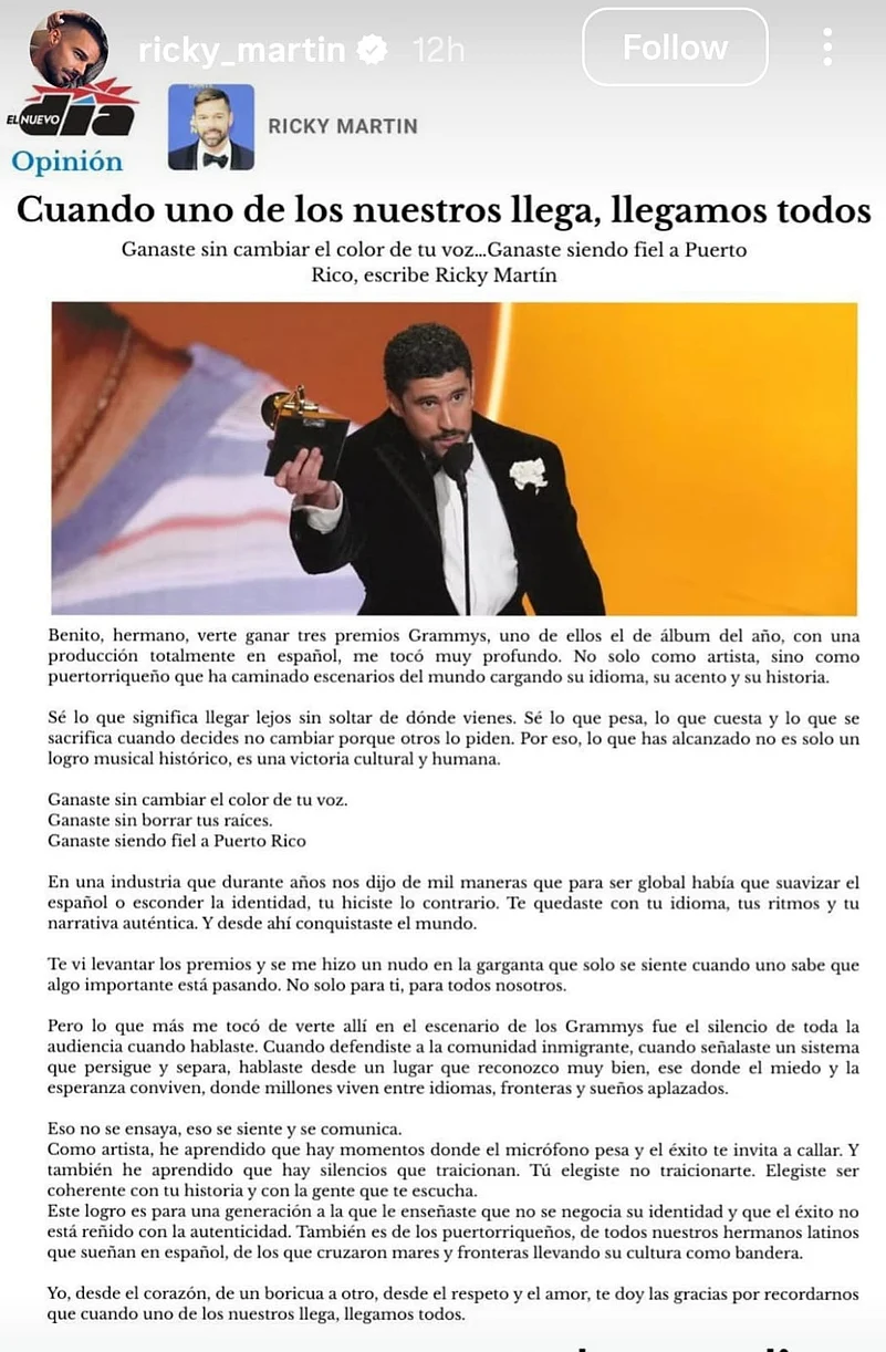Ricky Martins letter to Bad Bunny