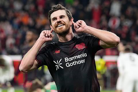 Leverkusen's Jonas Hofmann celebrates after scoring during a DFB Pokal, German Cup quarter final soccer match between Leverkusen and St. Pauli in Leverkusen, Germany.