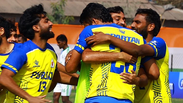 The Punjab football team celebrate after beating Tamil Nadu in the Santosh Trophy quarter-final. - | Photo: X/IndianFootball