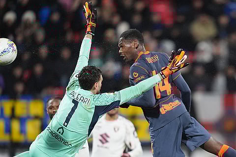 Inter Milan's Ange-Yoan Bonny, right, scores against Torino during an Italian Cup soccer match in Monza, Italy.