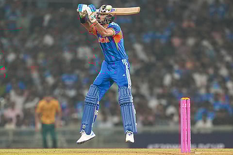 India's Axar Patel plays a shot during the ICC Men's T20 World Cup warm-up cricket match between India and South Africa, at the DY Patil Sports Academy, in Navi Mumbai.