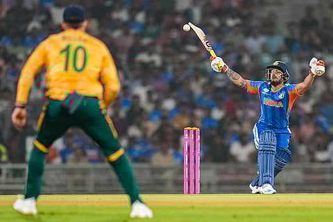 India's Ishan Kishan plays a shot during the ICC Men's T20 World Cup warm-up cricket match between India and South Africa, at the DY Patil Sports Academy, in Navi Mumbai.