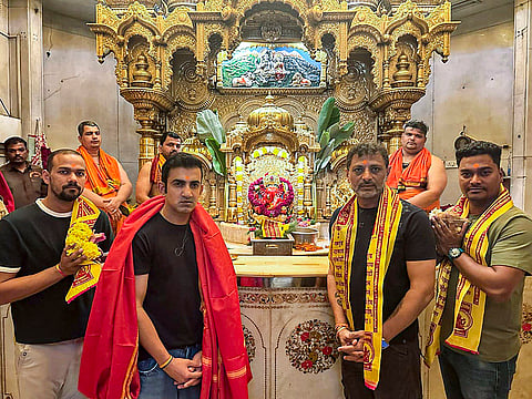 Indian men's cricket team head coach Gautam Gambhir and batting coach Sitanshu Kotak during a visit to Siddhivinayak Temple, in Mumbai. 