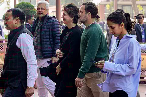 Leader of Opposition in the Lok Sabha Rahul Gandhi, Congress MP Priyanka Gandhi Vadra and others during the Budget Session of Parliament, in New Delhi.