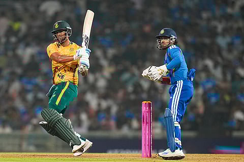 South Africa's Jason Smith plays a shot during the ICC Men's T20 World Cup warm-up cricket match between India and South Africa, at the DY Patil Sports Academy, in Navi Mumbai.