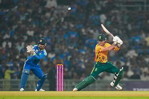 South Africa's Dewald Brevis plays a shot during the ICC Men's T20 World Cup warm-up cricket match between India and South Africa, at the DY Patil Sports Academy, in Navi Mumbai.