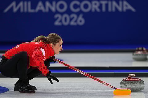 Canada's Jocelyn Peterman in action, during the mixed doubles round robin phase of the curling competition against the Czech Republic, at the 2026 Winter Olympics, in Cortina d'Ampezzo, Italy.