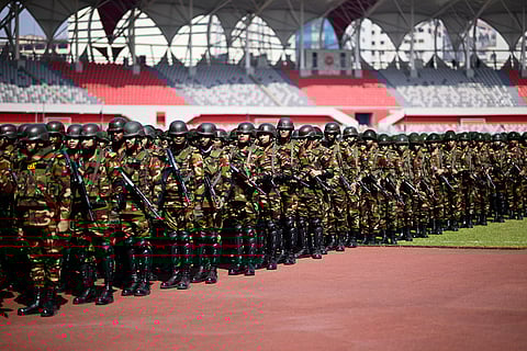 Bangladesh army personnel assemble at the National Stadium in Gulistan to be briefed by senior officers on the security preparations for the upcoming national election, in Dhaka, Bangladesh.