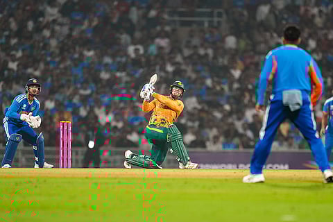 South Africa's Ryan Rickelton plays a shot during the ICC Men's T20 World Cup warm-up cricket match between India and South Africa, at the DY Patil Sports Academy, in Navi Mumbai.
