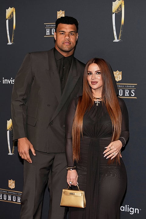 Jacksonville Jaguars' Arik Armstead, left, and his wife, Mindy, arrive for football's NFL Honors award show in San Francisco.
