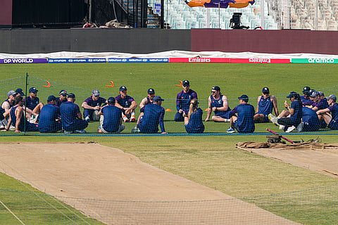 Scotland's players at a team meeting during a training session ahead of the ICC Men's T20 World Cup 2026 cricket match against West Indies, in Kolkata.