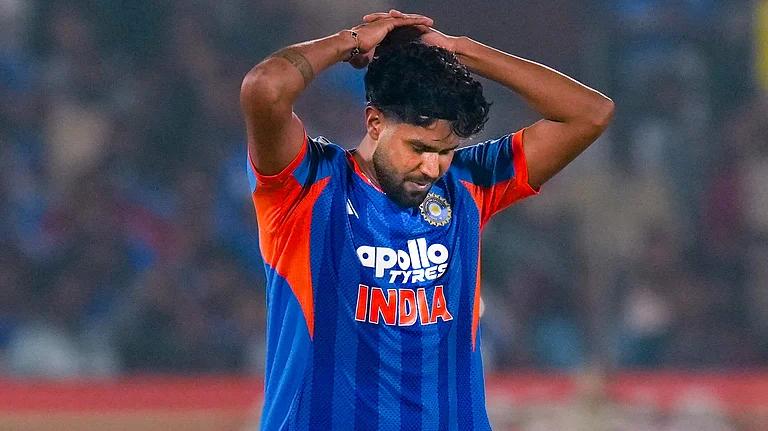 India seamer Harshit Rana reacts during a T20I match against New Zealand in Visakhapatnam. - File/PTI