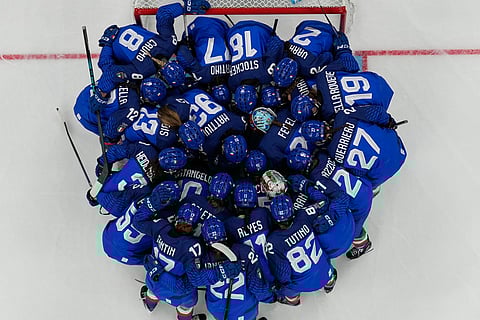Italy players before during a preliminary round match of women's ice hockey between Italy and France at the 2026 Winter Olympics, in Milan, Italy.