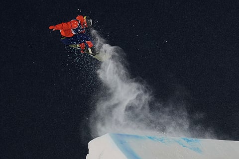 Melissa Peperkam of the Netherlands practices during a snowboard big air training session at the 2026 Winter Olympics, in Livigno, Italy.