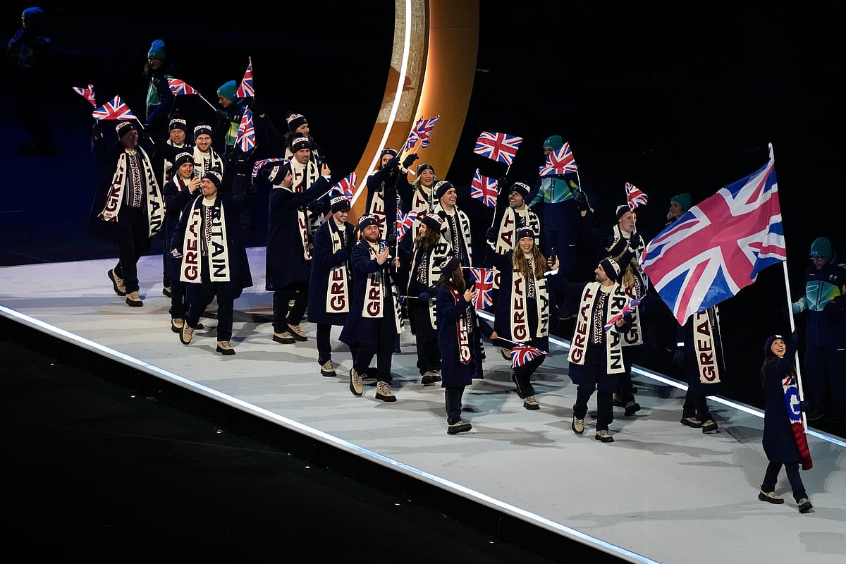 Athletes from Britain attend the Olympic opening ceremony at the 2026 Winter Olympics, in Milan, Italy, Friday, Feb. 6, 2026.