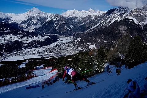 Canada's James Crawford starts an alpine ski, men's downhill official training, at the 2026 Winter Olympics, in Bormio, Italy.