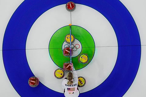 United States' Cory Thiesse competes against Norway during the mixed doubles round robin session 2 of the curling competition at the 2026 Winter Olympics, in Cortina d'Ampezzo, Italy.