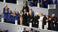 Winter Olympics 2026: Italian President Sergio Mattarella Declares The Milano Cortina Games Open (AP Photo/Stephanie Scarbrough) : IOC President Kirsty Coventry, center, waves as she stands next to former IOC president Thomas Bach, Vice President JD Vance and second lady Usha Vance and Italian President Sergio Mattarella during the Olympic opening ceremony at the 2026 Winter Olympics, in Milan, Italy, Friday, Feb. 6, 2026.