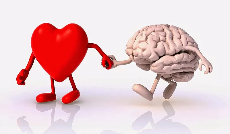 3D heart and brain characters holding hands, walking together against a white background
