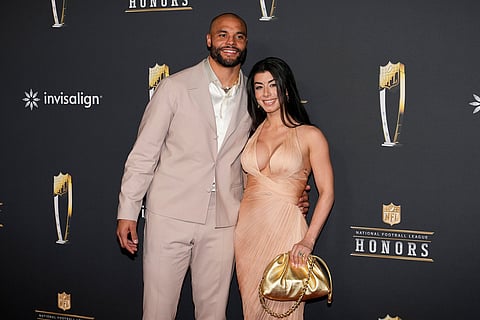 Dallas Cowboys' Dak Prescott, left, and Sarah Jane Ramos arrive at football's NFL Honors award show in San Francisco.