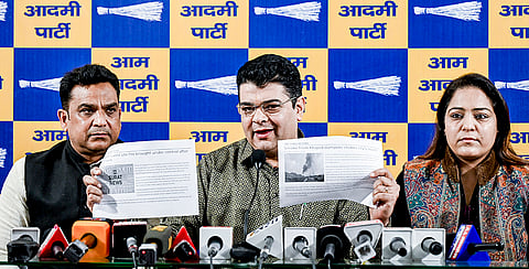 LoP in the MCD and AAP leader Ankush Narang, centre, with party's councillors Shelly Oberoi, right, and Mahesh Kumar Khinchi during a press conference, in New Delhi.