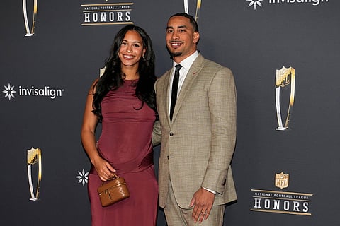 Green Bay Packers' Jordan Love, right, and his wife, Ronika Stone, arrive for football's NFL Honors award show in San Francisco.