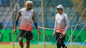 | Photo: PTI/Shashank Parade : India's Hardik Pandya with head coach Gautam Gambhir during a training session ahead of the ICC Men's T20 World Cup 2026 cricket match against USA, in Mumbai.