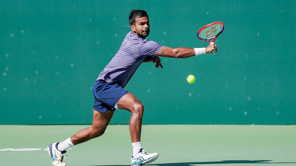 Photo: PTI : India's Sumit Nagal during a practice session ahead of the 2026 Davis Cup Qualifiers first round tie against Netherlands, at the SM Krishna Tennis Stadium in Bengaluru.