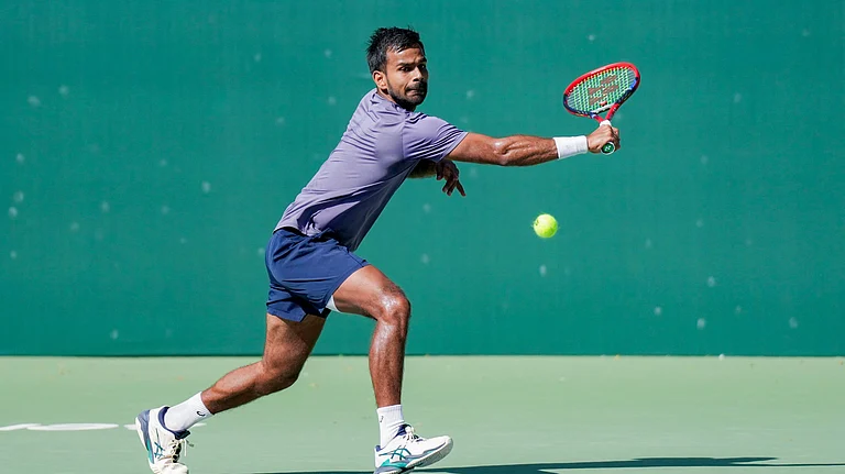 India's Sumit Nagal during a practice session ahead of the 2026 Davis Cup Qualifiers first round tie against Netherlands, at the SM Krishna Tennis Stadium in Bengaluru. - Photo: PTI
